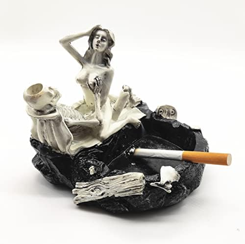 Скелет хорор Ештрај смола кул роман креативен череп -фиока за пепел со бел песок за дома, бар, подарок за татко за татко дедо