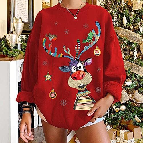 Qtocio џемпер за жени Божиќни преголеми смешни џемпери Божиќни празници за печатење на екипаж на екипаж на врвови со долги ракави