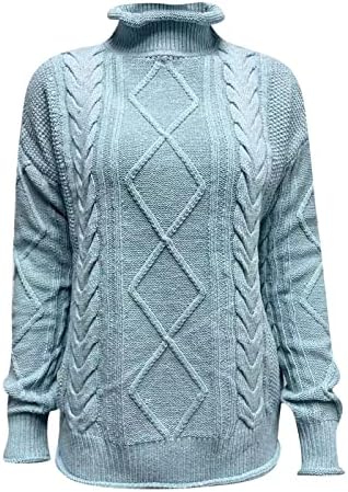 Turtleneck џемпер за жени обичен бучен кабел плетен џемпери за пулвер, гроздобер долг ракав лабав џумер врвови