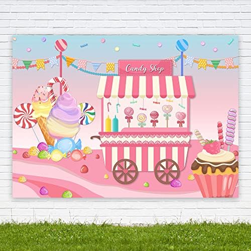 Riyidecor Шекерче Бонбони Candyland Candy Shop Позадина Цртан филм 7Wx5H Нозе Бебе Туш Слатка Девојка Ткаенина Розова Сладолед