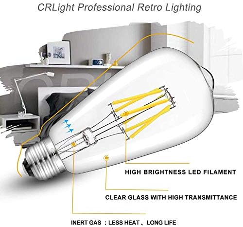 CRLight 5000K 6W Dimmable LED Едисон Сијалица Бел Сјај, 70W Еквивалент 700 Лумени E26 Средна Основа, ГРОЗДОБЕР Стил ST64 Јасно