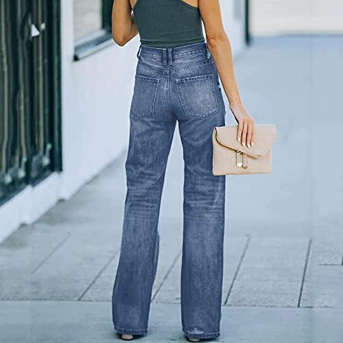 Фармерки копче со високи џебови на половината за жени еластични панталони со цврста боја, мода со права нога фармерки тенок