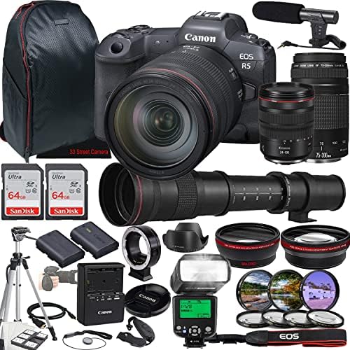 Canon Eos R5 Mirrless камера w/RF 24-105mm f/4 L е USM Леќа + EF 75-300mm f / 4-5, 6 III Објектив + 420-800mm f/8.3 HD Објектив