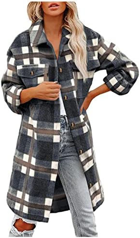 Карирана фланелна шахта за жени мода со долги ракави џебни врвови копче надолу лапел женски фланел карирана јакна за шахти
