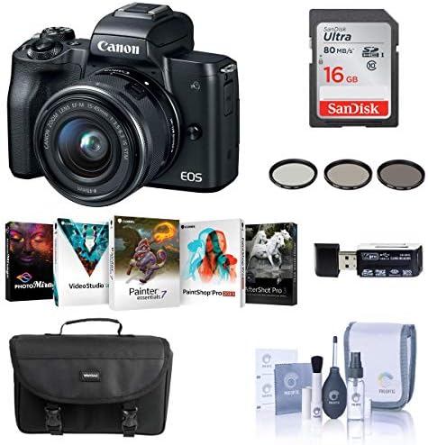 Canon EOS M50 Firless камера Со EF-M 15-45mm f/3.5-6.3 е STM Објектив, Црно-Пакет Со 16gb Sdhc Картичка, Случај На Камера, 49mm