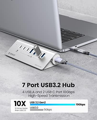 ОРИКО Напојува USB Hub 10Gbps, 7 Порт USB 3.2 Gen 2 Hub со 6 USB 3.2 Порти За Податоци, 1 PD 60W Порти За Полнење, 24v3a Адаптер