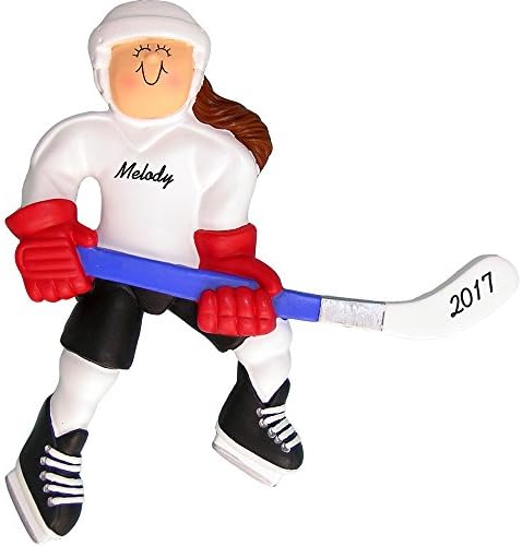 Хокеј на мраз персонализиран Божиќен украс - Femaleенски играч - кафеава коса - рачно обоена смола - висока 4,5 - бесплатна