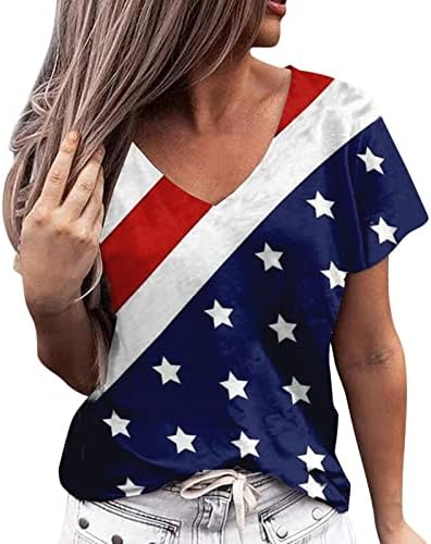 Летни врвови на Фудуле за жени 2023 година, жени на 4-ти јули кошула против вратот кратки ракави Топ маички со американски знами