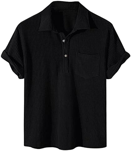 ZDDO машки вафли плетени поло маици со кратки ракави предни плочки копче Турнтаунд јака голф врвови летни спортови лабава кошула