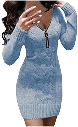 Usuming жени патент против џемпер од вратот, цврста боја со долг ракав мини фустан тенок обичен плетен фустан