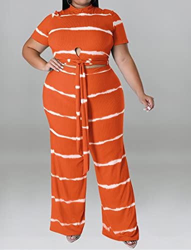 Женска Облека Со Плус Големина 2 Парчиња Секси Ребрести Печатени Ремени Со Појас Врвни Широки Панталони За Нозе Комплети Комбинезони