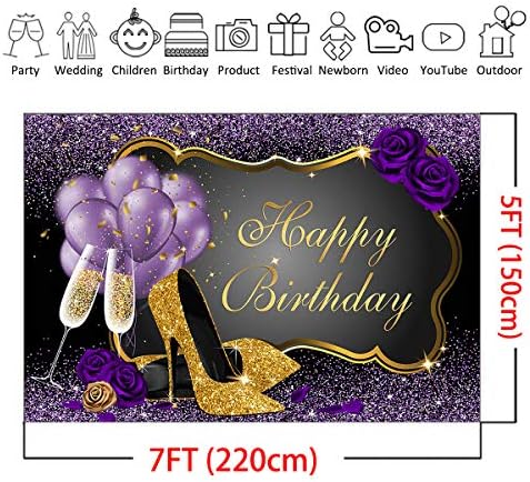 Мочичка Сјај Виолетова Златна Среќен Роденден позадина 7х5фт Високи Потпетици Шампањ Балон Женска Роденденска Фотографија Позадина