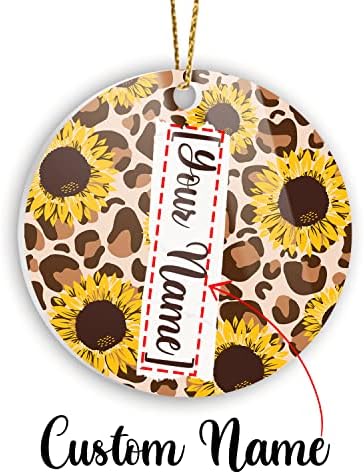Персонализиран украс, прилагодете го леопардниот образец сончоглед, виси украсен акрилен круг со текст, подароци за lубител