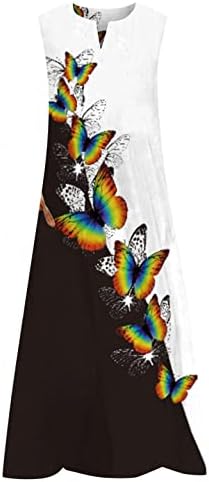 ZperVoba летни фустани за жени кои се обични без ракави макси фустани со џебови боемски резервоар фустан пеперутка цветна садница