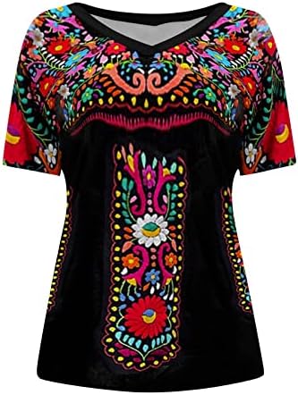 Massionенска модна маица етнички цветни печати Туника врвови против вратот Кратки ракави Топчиња 2023 летни обични блузи